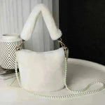 Checkerboard Plush Bucket Bag With Pearl Chain - EX-STOCK CANADA