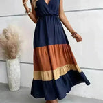 Color Block Pleated V-neck Dress Casual Polo Collar - EX-STOCK CANADA