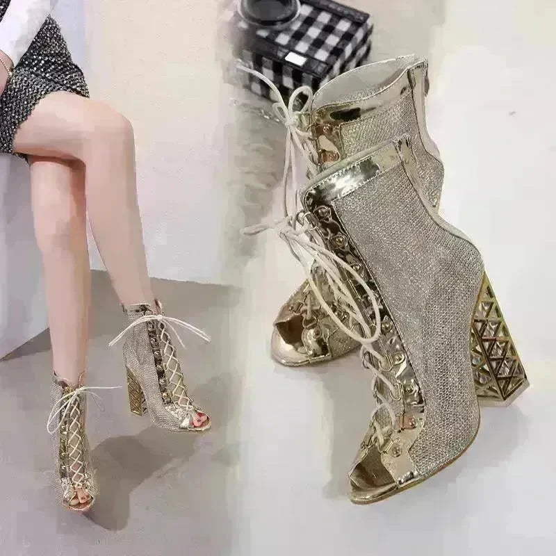 Crystal thick heel mesh hollow high heel - EX-STOCK CANADA