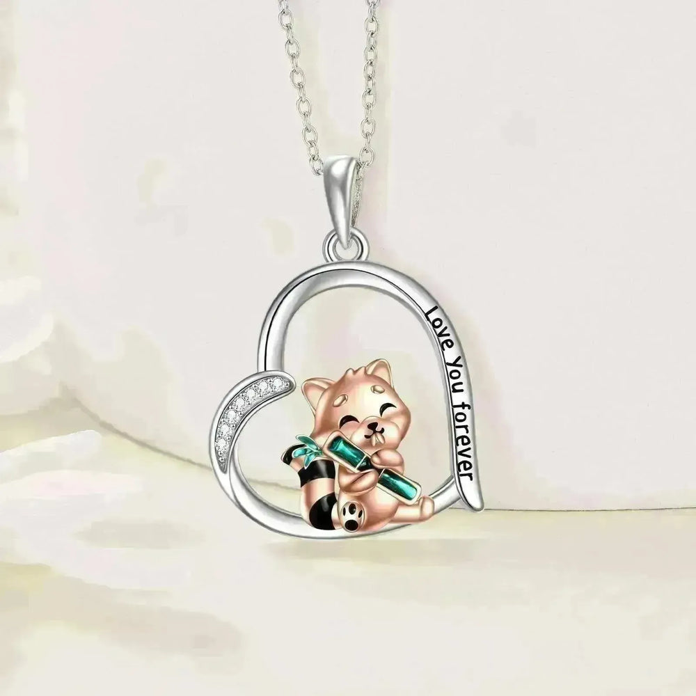 Cute Red Panda inside Heart Sterling 925 Silver Necklace - EX-STOCK CANADA