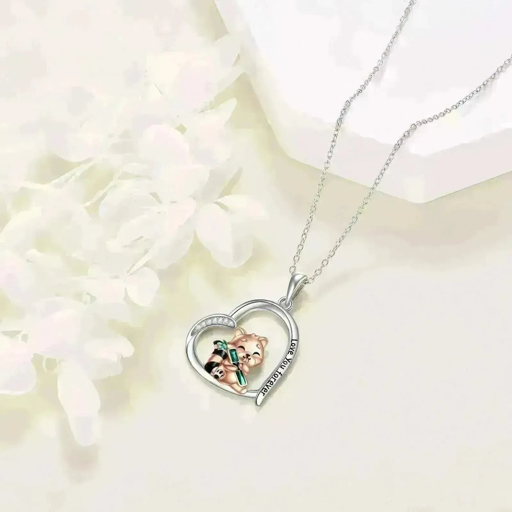 Cute Red Panda inside Heart Sterling 925 Silver Necklace - EX-STOCK CANADA