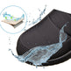 Black shoe sole with water splashes and a close-up inset showing water droplets on a wooden surface.