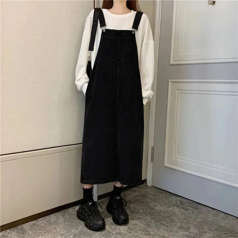 Student Denim Shoulder Strap Spring And Autumn Plus Size Mid-length Sling Black Denim Jumper Dress - EX-STOCK CANADA