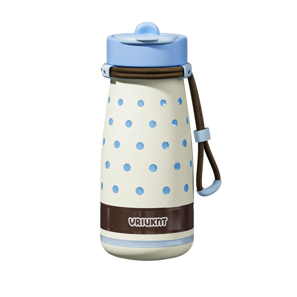 Children's water bottle with polka dot design and blue lid on a white background