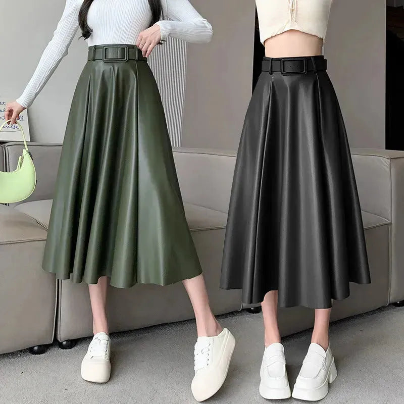 Elegant women High waist Flared Midi PU Leather skirt - EX-STOCK CANADA