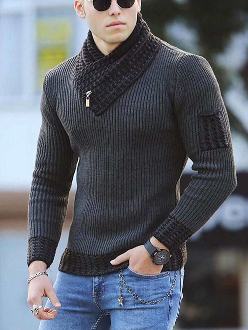 Independent Station Casual Slim Knit Pullover Long-sleeved Scarf Collar Sweater Men's EX-STOCK Canada 