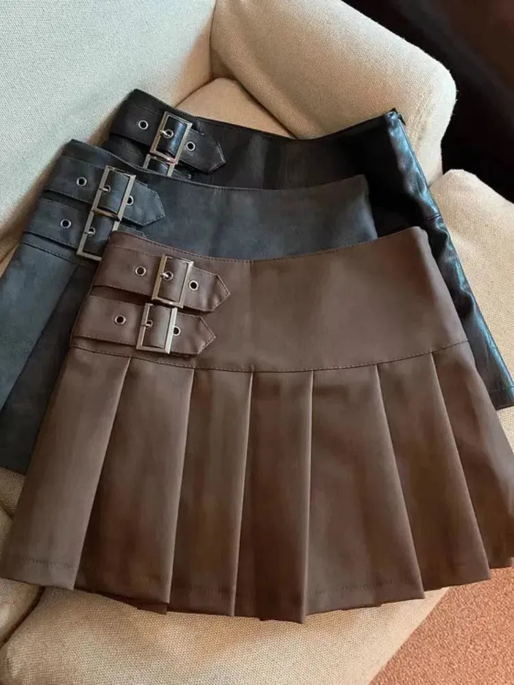 Women's American-style Vintage Mini  Pleated Leather Skirt - EX-STOCK CANADA