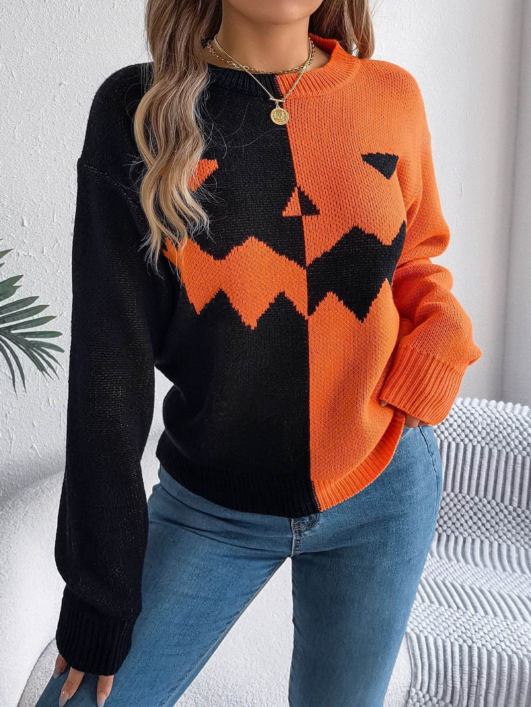 Fall And Winter Halloween Spooky Pumpkin Contrast Long Sleeve Pullover Sweater Women's Clothing EX-STOCK