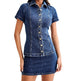 European And American Denim Lapel Short Sleeve Slim Top Sheath Skirt Outfit 