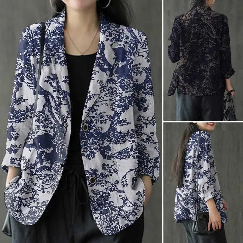 Women's floral Cotton Linen jacket Pocket Blazer - EX-STOCK CANADA