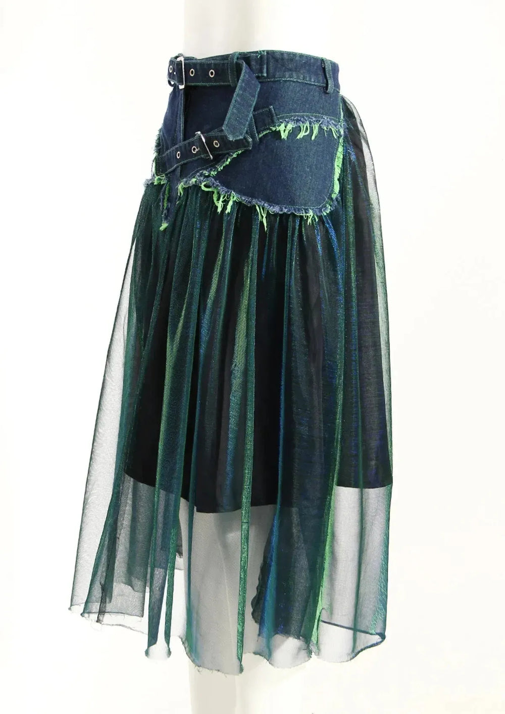 Street Fashion High Waist A-line Denim Mesh Midi Skirt - EX-STOCK CANADA