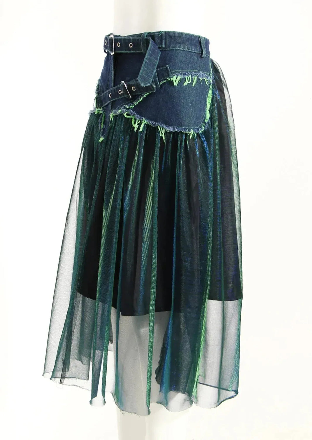 Street Fashion High Waist A-line Denim Mesh Midi Skirt - EX-STOCK CANADA
