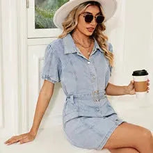Women's Washed Belt button down Denim jeans mini short sleeve Dress - EX-STOCK CANADA