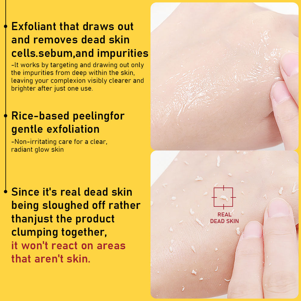 Exfoliant product with text on a yellow background and close-up of skin being exfoliated.