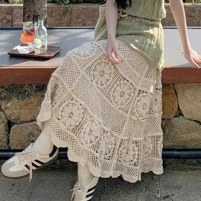 Retro Vacation Style Crocheted Hollow Beige Maxi Skirt - EX-STOCK CANADA