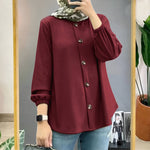 Muslim Ice Silk Wrinkle Stand-up Collar Literary Vintage Cardigan Loose Shirt Women - EX-STOCK Canada