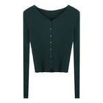 Dark green ribbed sweater with buttons on a white background