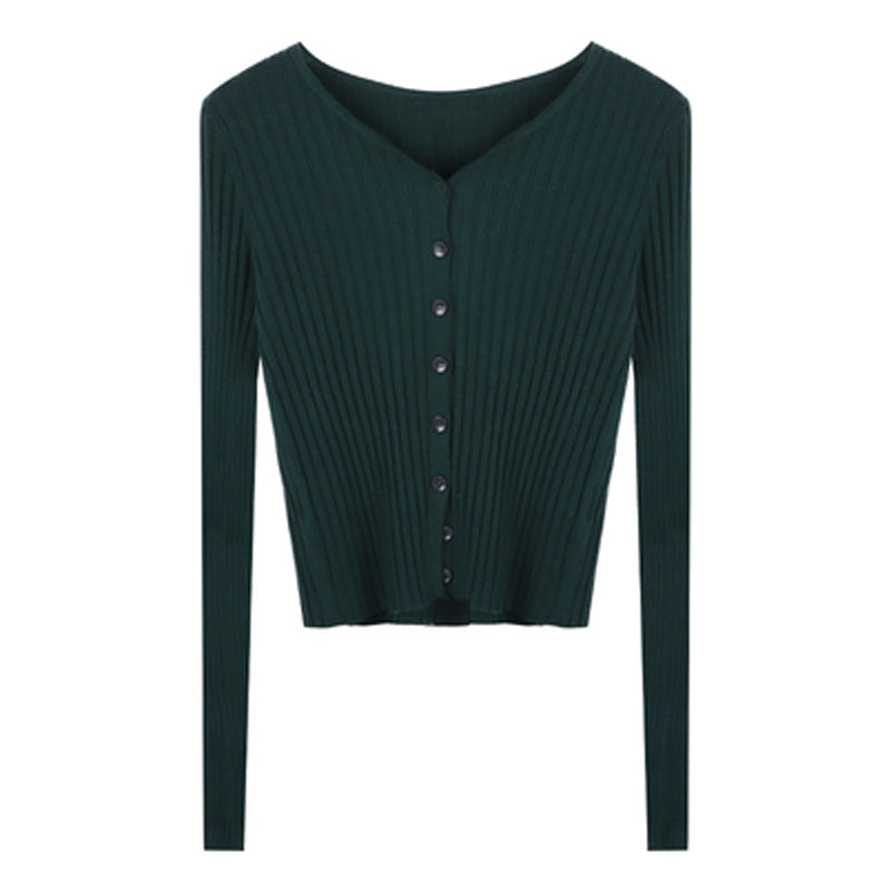 Dark green ribbed sweater with buttons on a white background