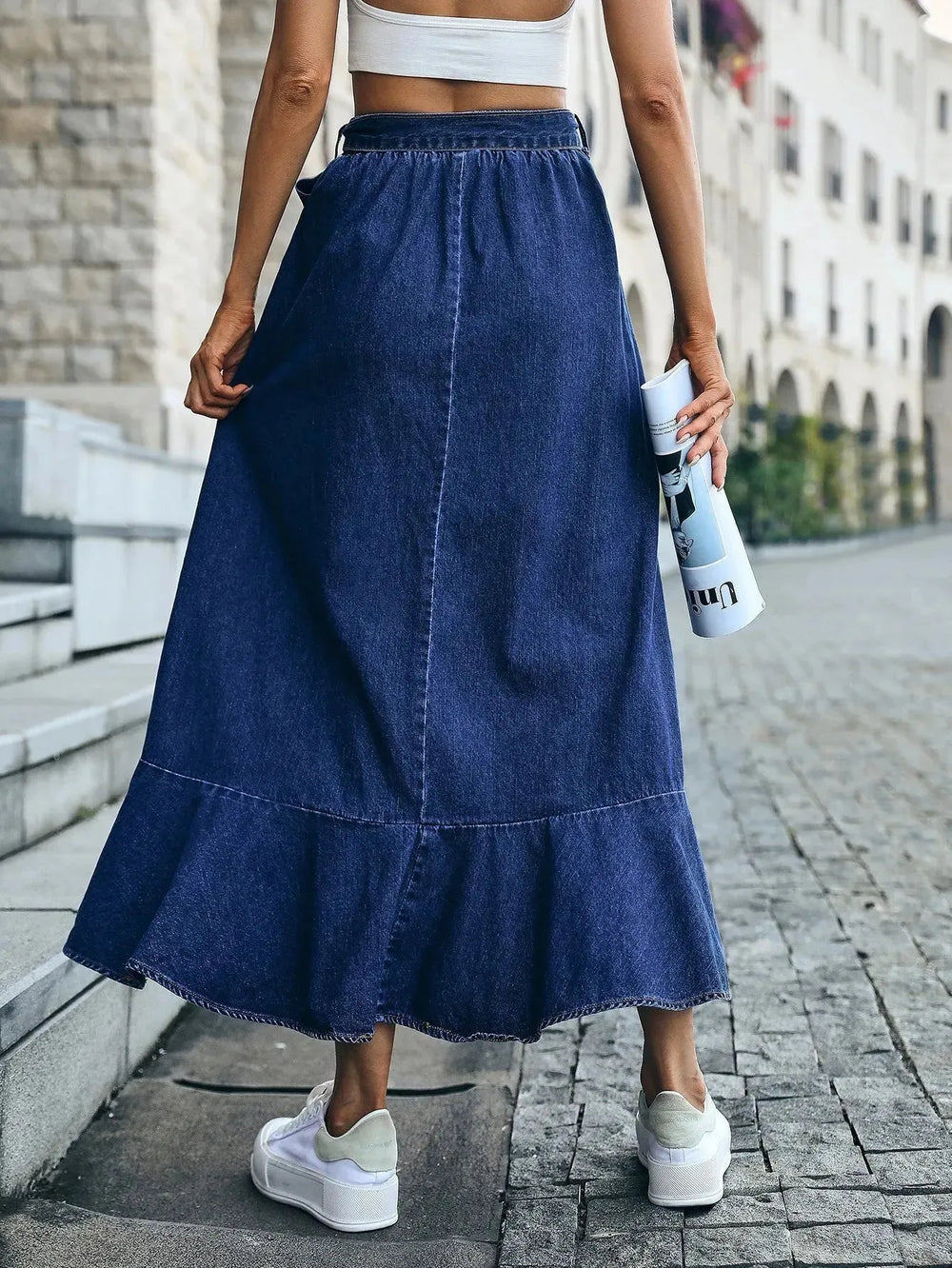 Ladies Fashion Casual Ruffled Blue Denim Maxi Skirt Women - EX-STOCK CANADA