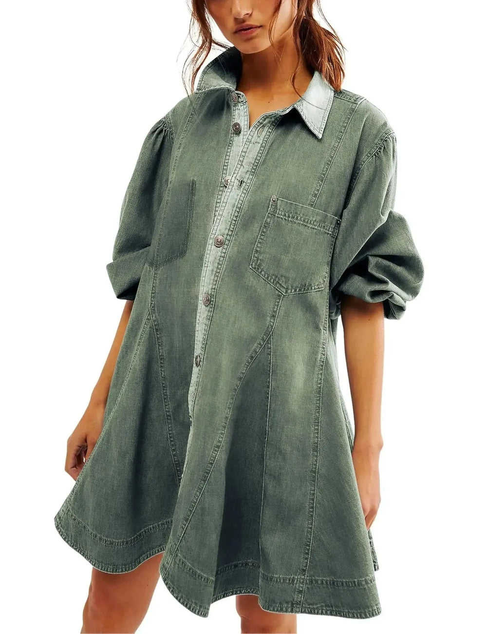 Women's Long Lantern Sleeve Button Denim Dress - EX-STOCK CANADA