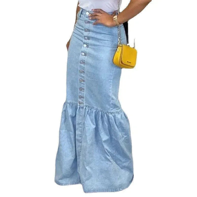 Women's Slim-fit Peplum Patchwork Long Denim Skirt fish tail style Jeans Skirt - EX-STOCK CANADA