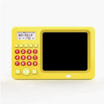 Yellow educational device with calculator and screen on a white background