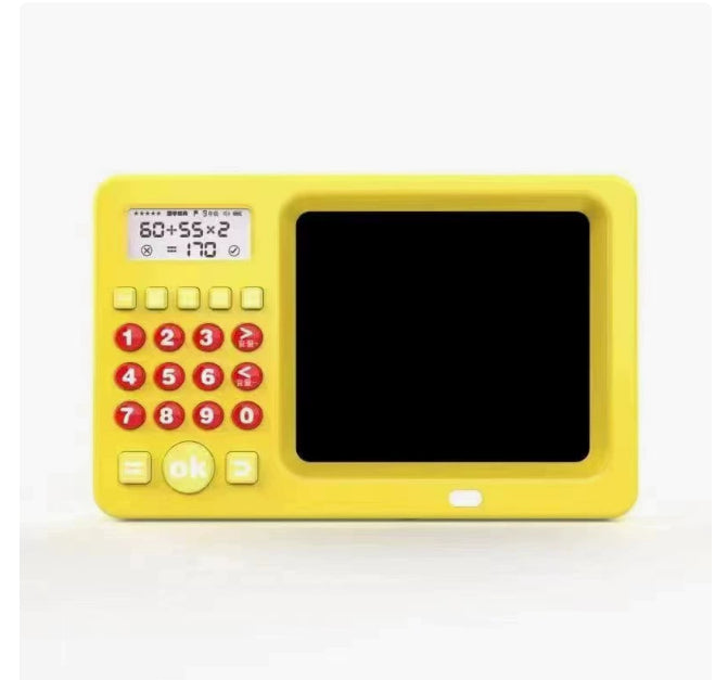 Yellow educational device with calculator and screen on a white background