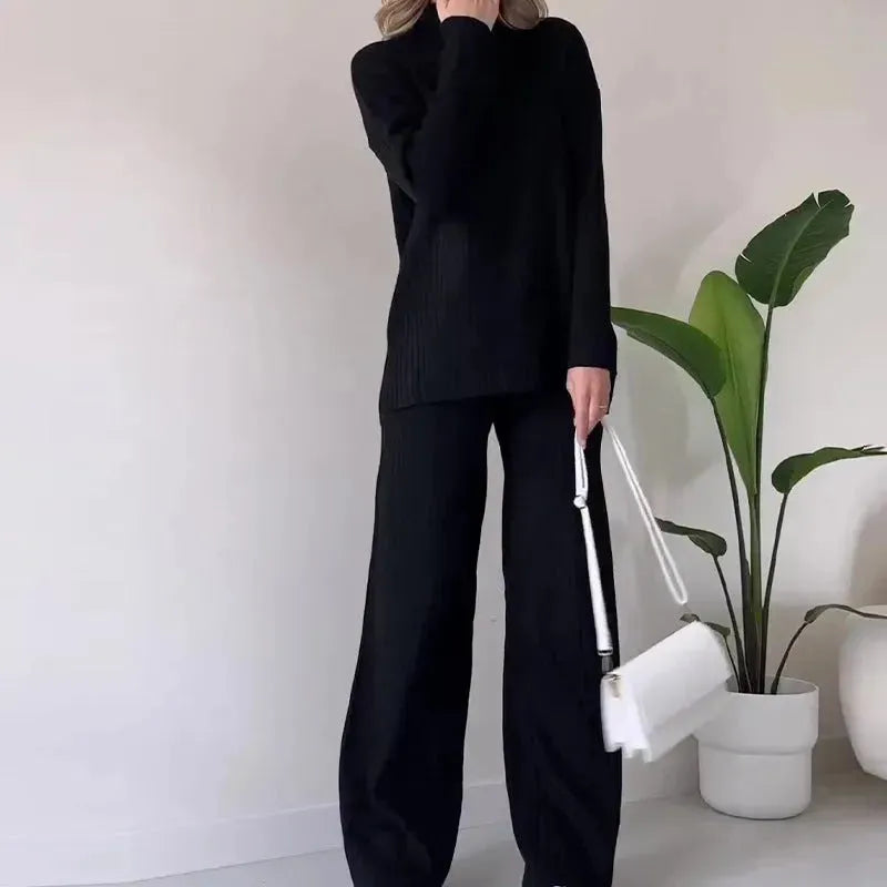 Casual 2pcs Co ord Winter Turtleneck Knitted Suit Loose Split Long-sleeved Top And Straight Trousers Fashion Casual Solid Set Women's Clothing - EX-STOCK CANADA