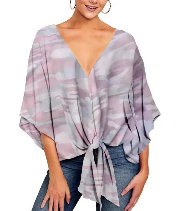 New V Neck Blouse Women Leopard Print Floral Tie Front Blouses Batwing Summer Oversize Ladies Tops - EX-STOCK CANADA