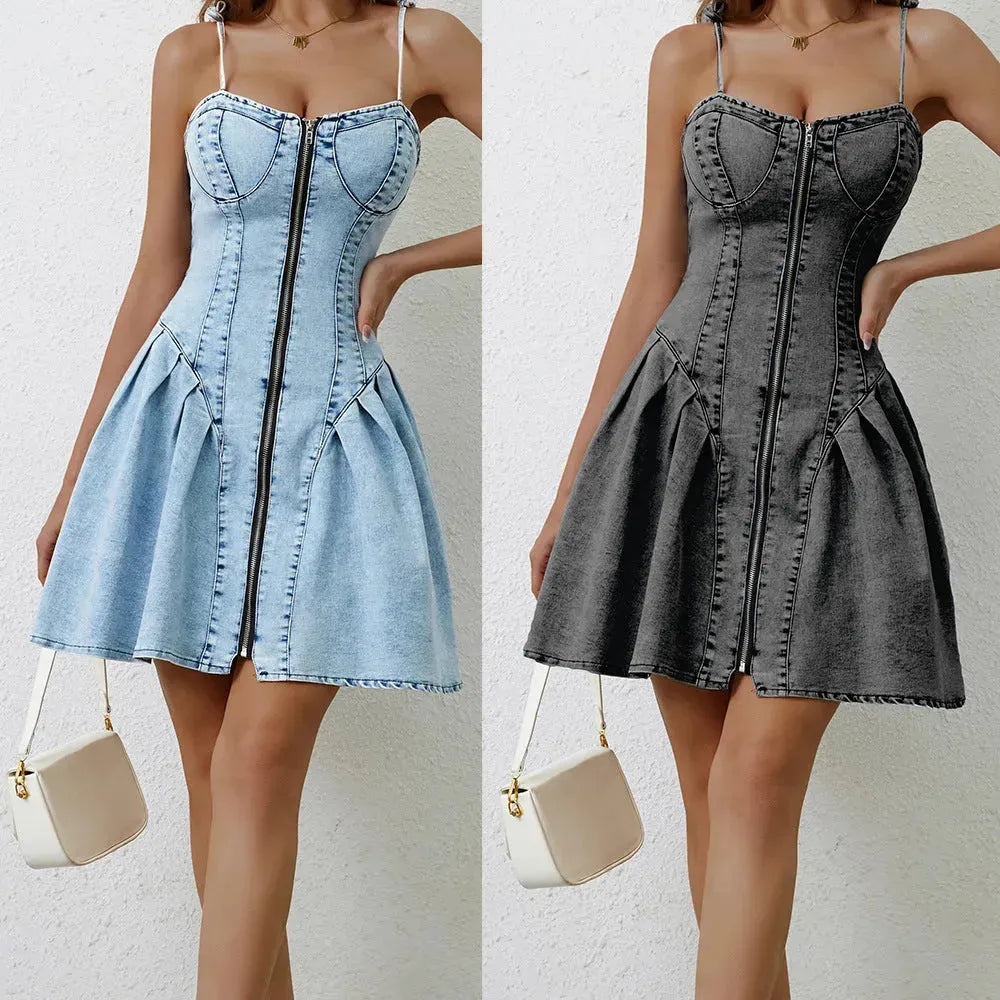 Chic Personality Street Splicing Sling Denim Mini Dress - EX-STOCK CANADA