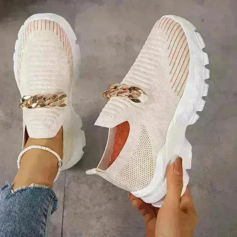 Fashion Chain Design Mesh Shoes For Women Breathable Casual Soft Sole Walking Sock Slip On Flat Chunky Sneakers Shoes for Women - EX-STOCK CANADA