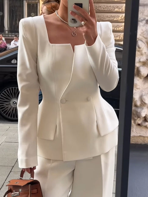 Women's Double-Breasted Square Neck Blazer | Fitted White Solid Colour Jacket | XS–XL