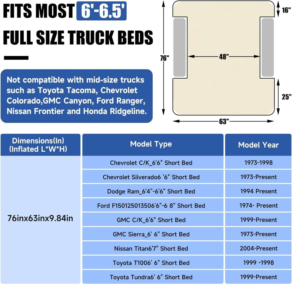 Truck Bed Air Mattress For 6.0-6.5ft Full-size Short Beds, Easily Inflates And Deflates With Built-In Rechargeable Air Pump Camping Bed Outdoor Mattress EX-STOCK