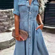 Women's Lapel Breasted Slim-fit Slimming Temperament Blue Denim Midi Skater Dress - EX-STOCK CANADA