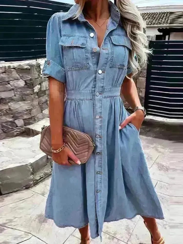 Women's Lapel Breasted Slim-fit Slimming Temperament Blue Denim Midi Skater Dress - EX-STOCK CANADA