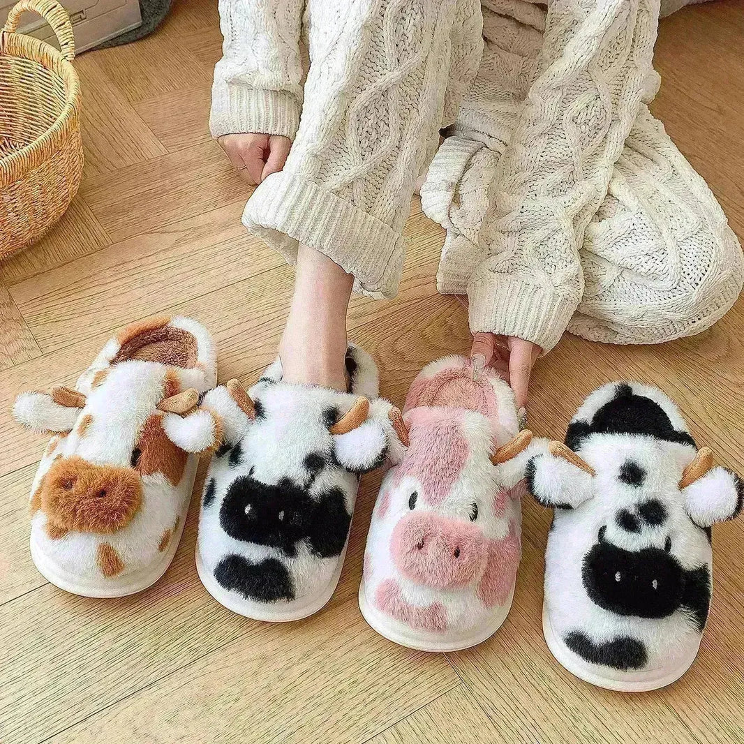 Schema di peluche di mucca da cartone animato carino inverno calda camera da letto interno pavimento fuzzy pantofola scarpe da casa non slip