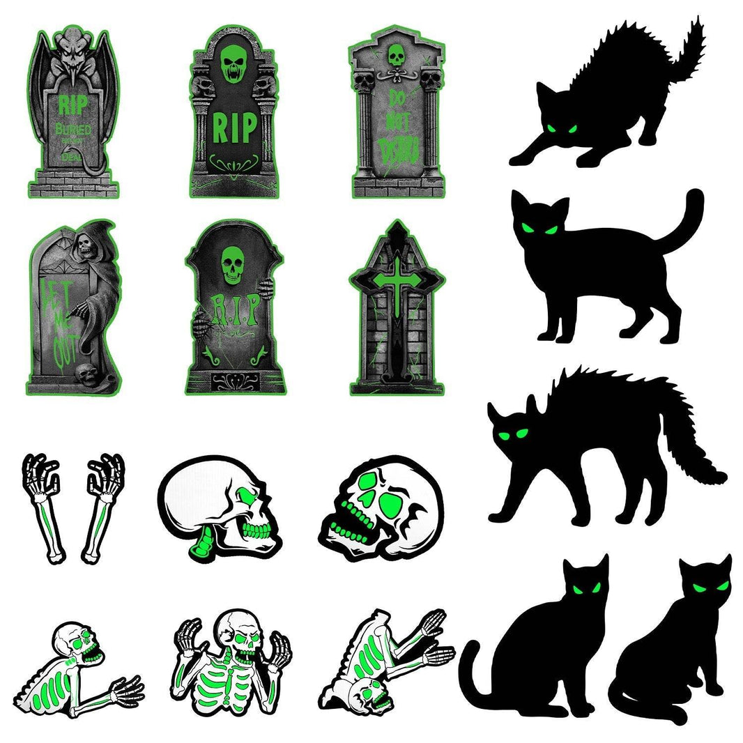 6Pcs Skull Or 6Pcs Tomb Or 5Pcs Black Cat Halloween Yard Sign Decorations  Glow In The Dark For Haunted House Garden Yard And Scary Theme Party EX-STOCK