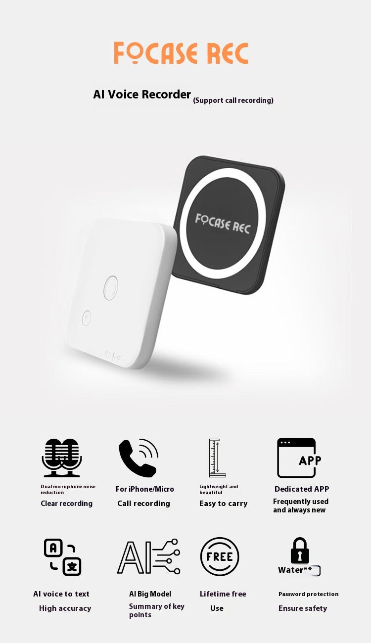 FOCASE REC AI Voice Recorder on a white background with features listed below.