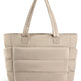 Beige tote bag with multiple compartments on a white background