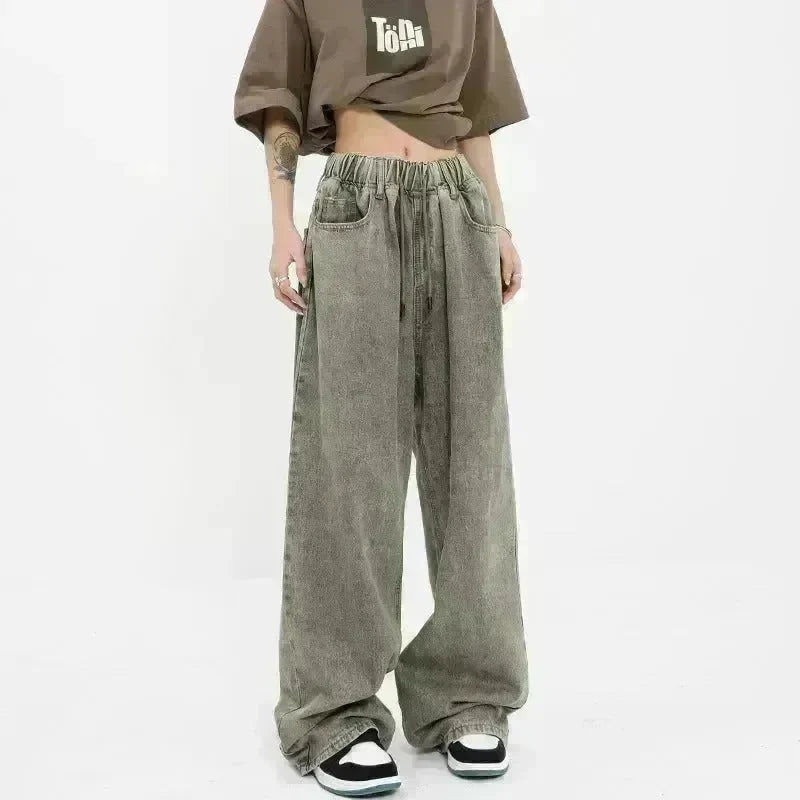 Retro Worn Looking Washed-out Drawstring Baggy Jeans Pant For Women - EX-STOCK CANADA