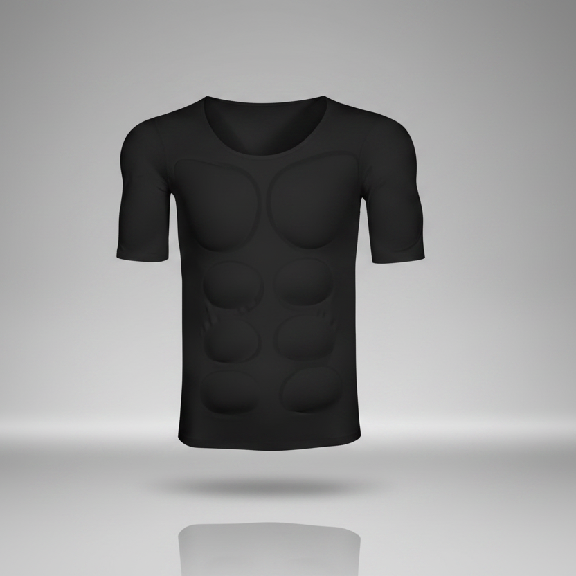 A white short-sleeve athletic compression shirt with 3D abdominal muscle panels, shown floating against a neutral gray studio background.