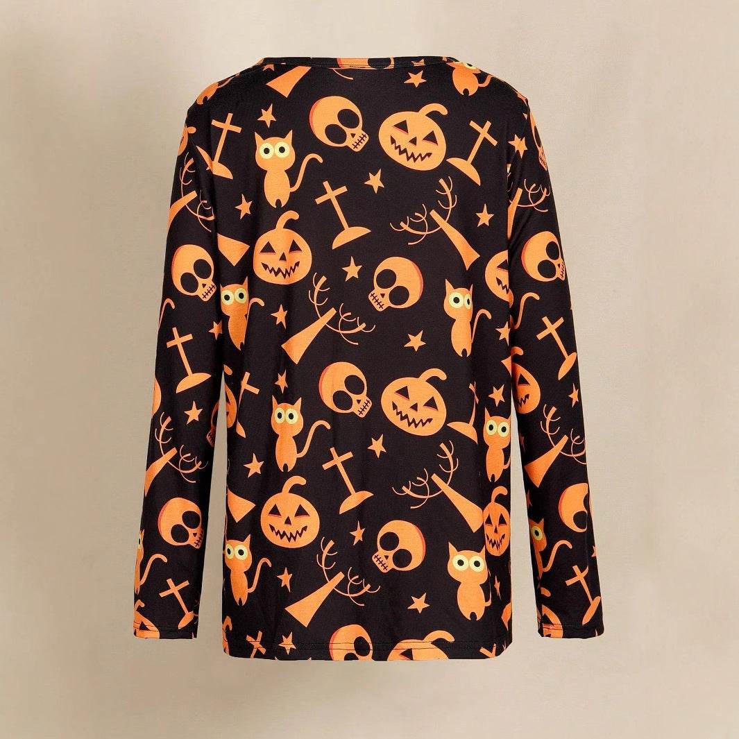 Digital Printing Halloween Round Neck Long Sleeve Plus Size T-shirt EX-STOCK