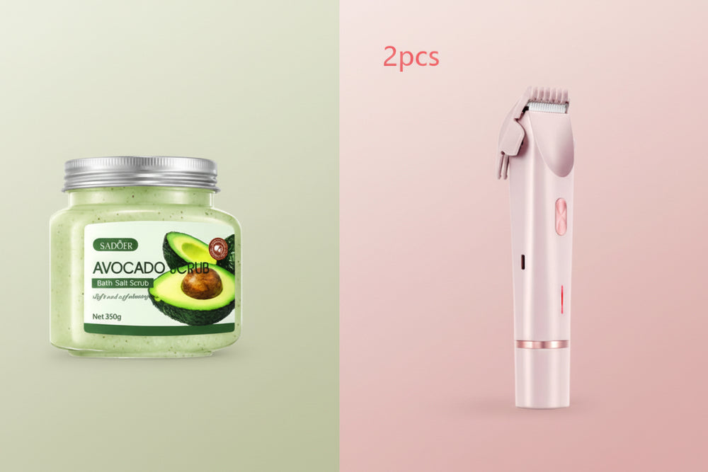 Avocado bath salt scrub jar and pink hair trimmer on a white background