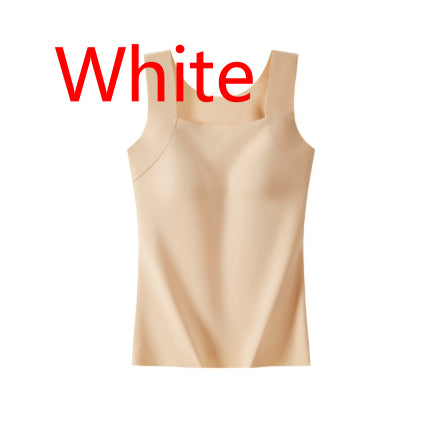 A beige/nude tank top shown on a plain white background with the word 'White' in large red text at the top left. The product appears to be a sleeveless fitted tank with a scoop neckline.