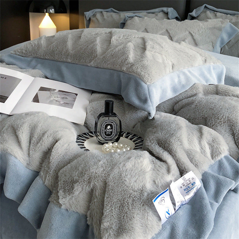 A Four Piece Set Of Rabbit Hair And Milk Velvet Duvet Cover On A Baby Plush Bed EX-STOCK Canada 