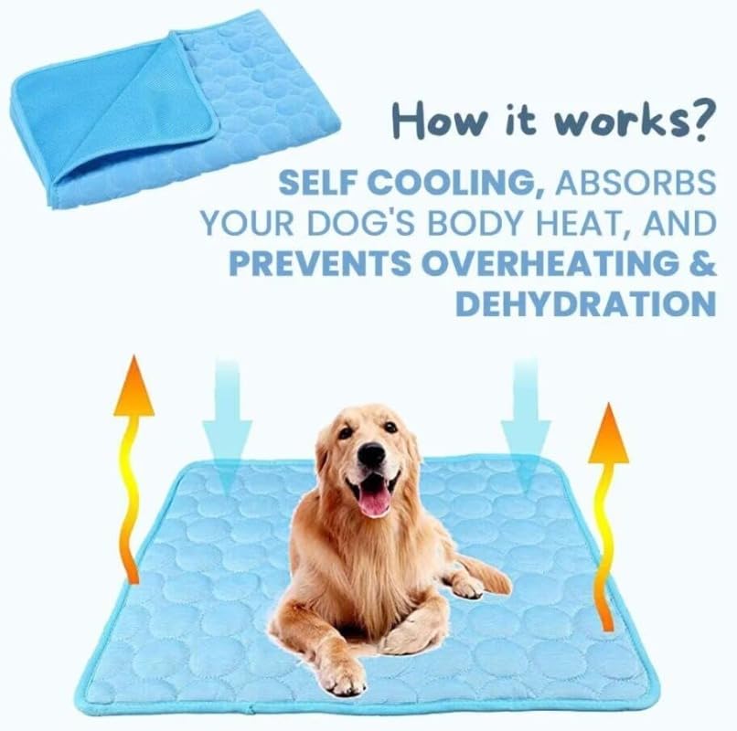 Dog cooling pad with text explaining its functions on a white background