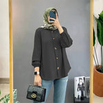 Muslim Ice Silk Wrinkle Stand-up Collar Literary Vintage Cardigan Loose Shirt Women - EX-STOCK Canada