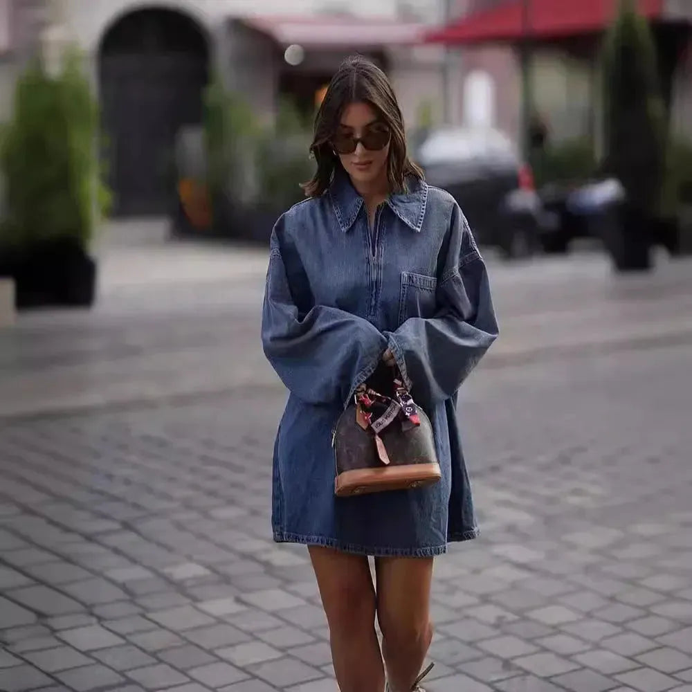 Lapel Patch Pocket Bell Sleeve Denim Dress - EX-STOCK CANADA