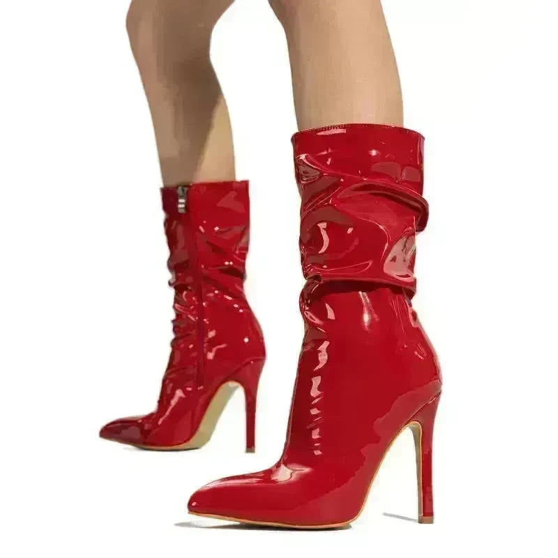Patent Leather High Heel Pointed Stiletto Heel Pile Style Boots - EX-STOCK CANADA