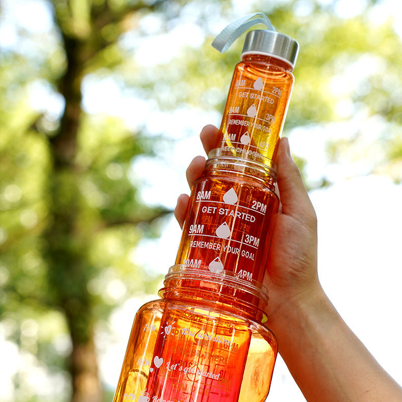 3-in-1 Gradient Color Motivational Water Bottles Set Plastic Straw Double Drink Translucent Outdoor Sports Bottle EX-STOCK